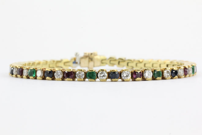 18K Gold Diamond, Ruby, Emerald & Sapphire Tennis Bracelet 6.5 TCW - Queen May