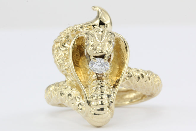 14K Gold Poised to Strike Diamond Figural Cobra Snake Ring - Queen May