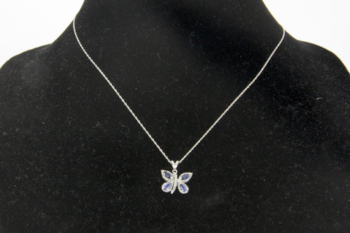 14k White Gold Sapphire & Diamond Butterfly Pendant Necklace - Queen May