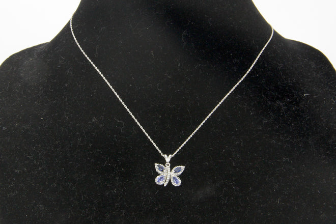 14k White Gold Sapphire & Diamond Butterfly Pendant Necklace - Queen May