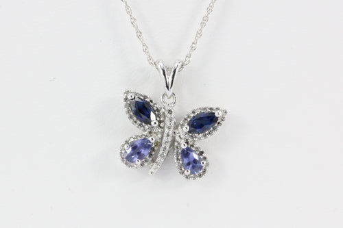 14k White Gold Sapphire & Diamond Butterfly Pendant Necklace - Queen May