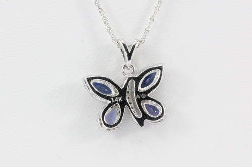 14k White Gold Sapphire & Diamond Butterfly Pendant Necklace - Queen May