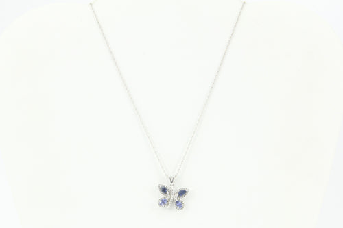 14k White Gold Sapphire & Diamond Butterfly Pendant Necklace - Queen May