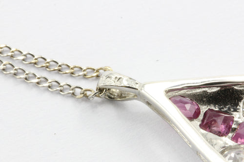 Art Deco 14K White Gold Diamond & Ruby Triangle Pendant Necklace c.1920 - Queen May