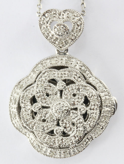 14K White Gold 1/4 CTW Diamond Pierced Locket Pendant Necklace - Queen May