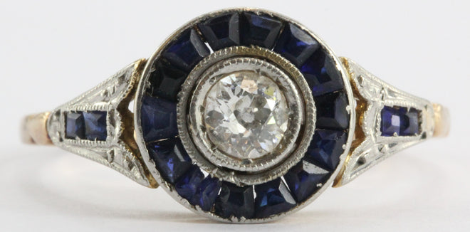 Art Deco Diamond and Calibre Blue Sapphire 18K Gold and Platinum Engagement Ring - Queen May