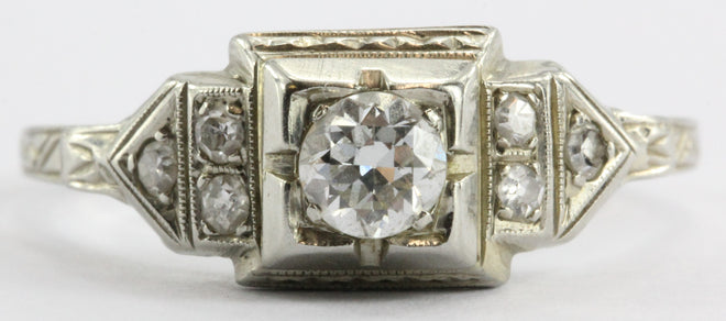 Art Deco 18K White Gold 1/2 Carat Old Mine Cut Diamond Engagement Ring - Queen May