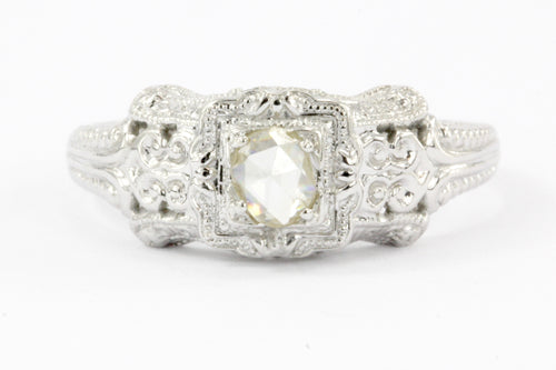 18K White Gold Rose Cut Diamond Edwardian Style Engagement Ring - Queen May
