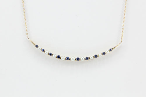 Victorian 14K Rose Gold Blue Sapphire & Pearl Crescent Moon Necklace c.1890's - Queen May