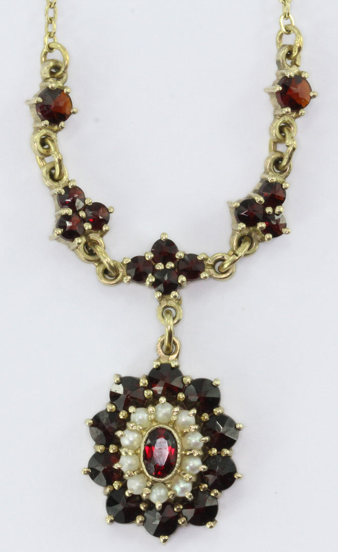 Vintage Czechoslovakia Sterling Silver Bohemian Garnet & Pearl Necklace - Queen May