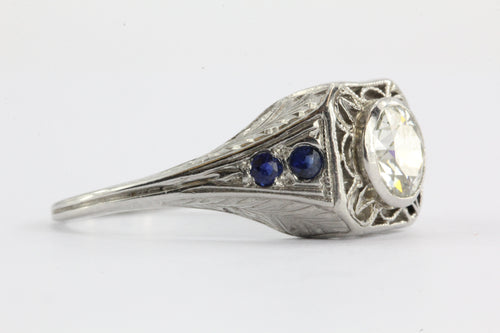 Art Deco 1.04 Ct VVS2 J Old European Diamond Sapphire Platinum Engagement Ring - Queen May