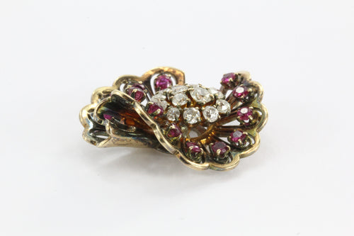 Vintage Hollywood Regency 14K Rose Gold Diamond & Ruby Fan Pendant - Queen May