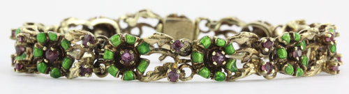 Antique Art Nouveau 14K Gold Ruby & Enamel Floral Bracelet - Queen May