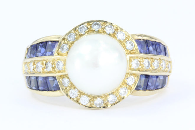 18K Gold Blue Sapphire, Diamond & Pearl American Contemporary Ring - Queen May