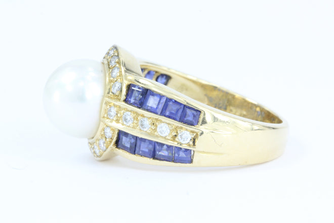 18K Gold Blue Sapphire, Diamond & Pearl American Contemporary Ring - Queen May