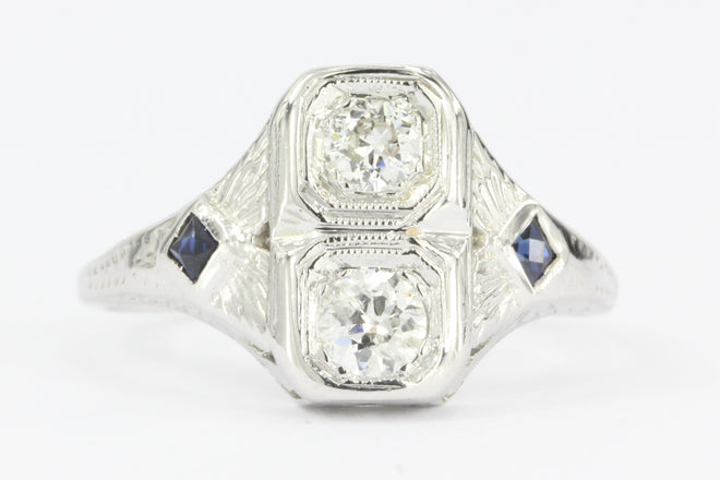 Art Deco 18K White Gold Old European Cut Diamond Sapphire Engagement Ring - Queen May