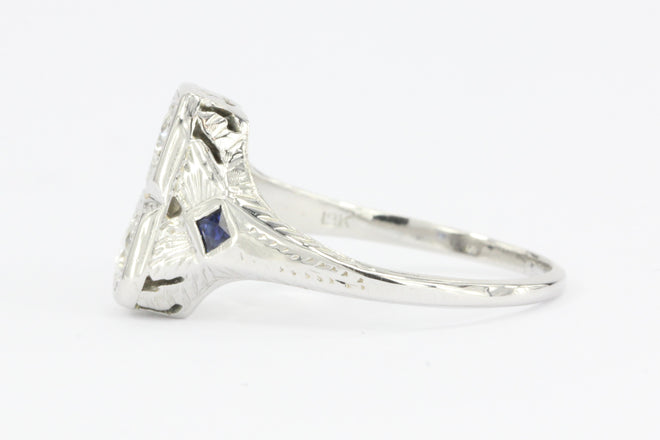Art Deco 18K White Gold Old European Cut Diamond Sapphire Engagement Ring - Queen May