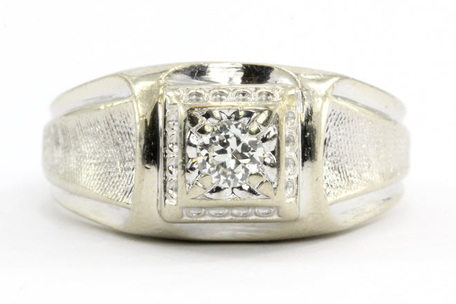 14K White Gold Retro Transition Cut Diamond Men's Ring c.1940's - Queen May