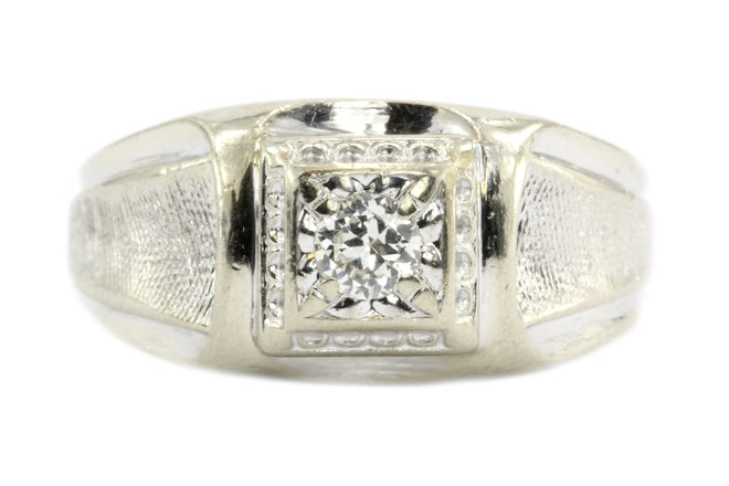 14K White Gold Retro Transition Cut Diamond Men's Ring c.1940's - Queen May