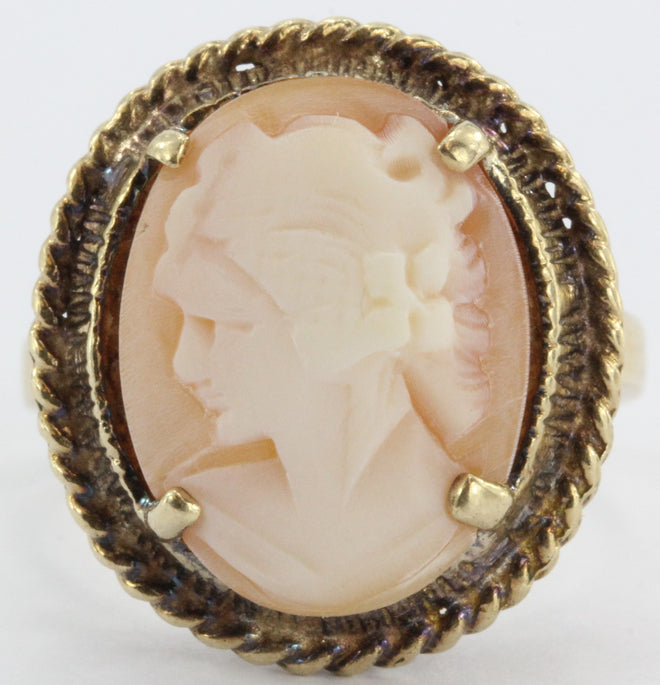 10K Gold Hand Carved Victorian Revival Carved Shell Cameo Ring - Queen May