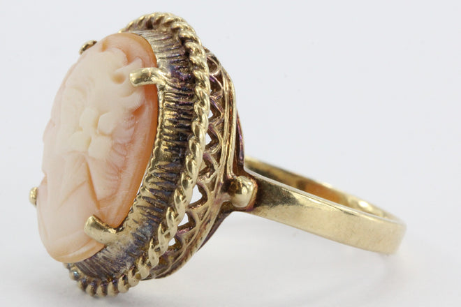 10K Gold Hand Carved Victorian Revival Carved Shell Cameo Ring - Queen May