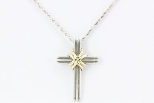 Tiffany & Co Sterling Silver & 18K Gold Cross Pendant & Necklace - Queen May