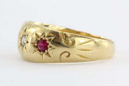 Antique Edwardian English 18K Gold Diamond & Ruby Gypsy Ring signed WKK 1911 - 1912 - Queen May