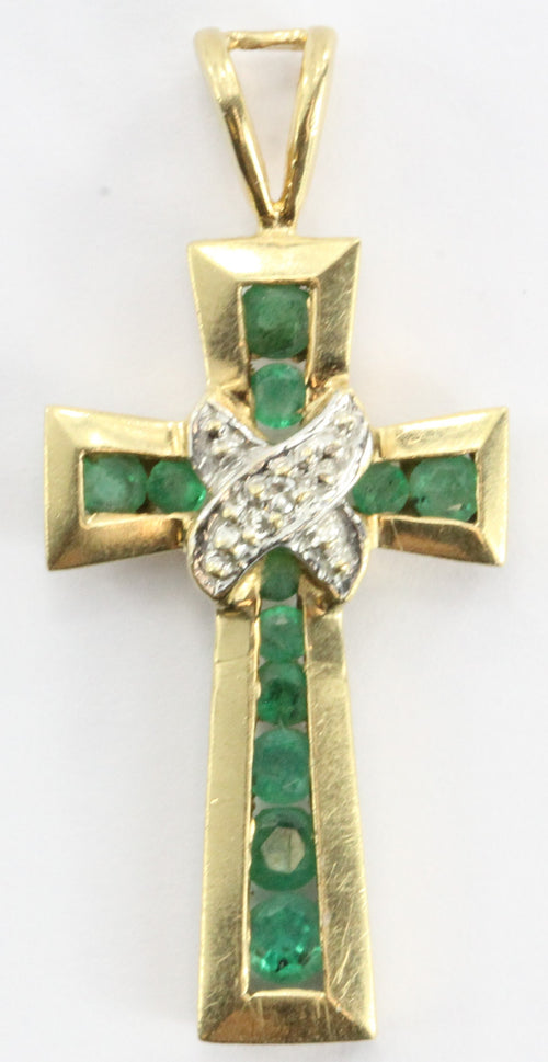 Vintage 14K Gold Colombian Emerald & Diamond Cross Pendant - Queen May