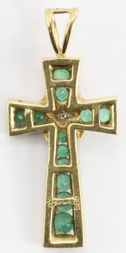 Vintage 14K Gold Colombian Emerald & Diamond Cross Pendant - Queen May