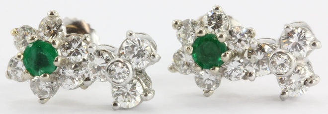 Antique 14K White Gold & Platinum Diamond & Emerald Earrings - Queen May