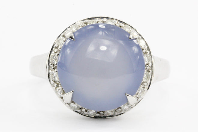 14k White Gold Lavender Chalcedony & Diamond Halo Ring - Queen May