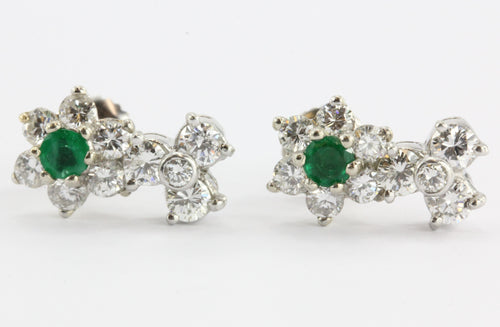 Antique 14K White Gold & Platinum Diamond & Emerald Earrings - Queen May