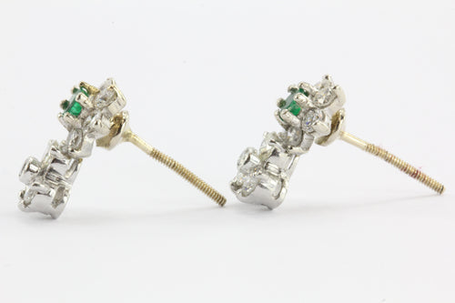 Antique 14K White Gold & Platinum Diamond & Emerald Earrings - Queen May