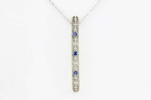 Edwardian 14K White Gold Sapphire Drop Pendant Necklace c.1900 - Queen May