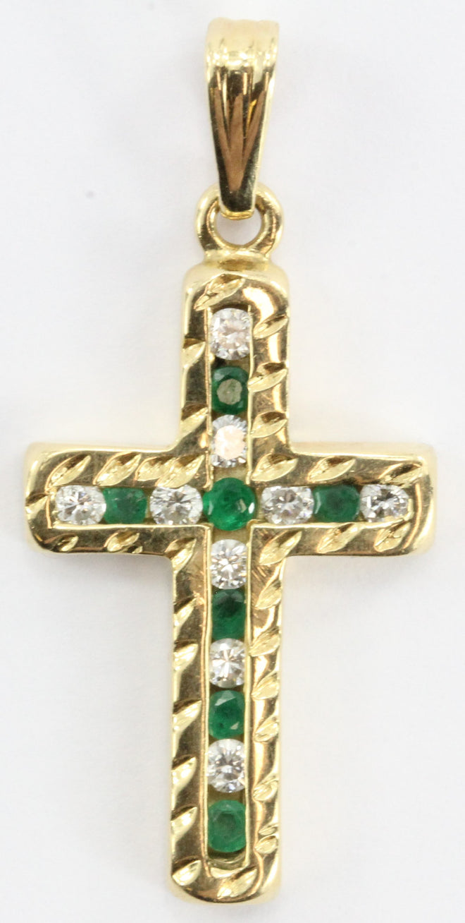 Vintage 18K Gold Diamond & Emerald Cross Pendant 1/2 Carat Total Weight - Queen May