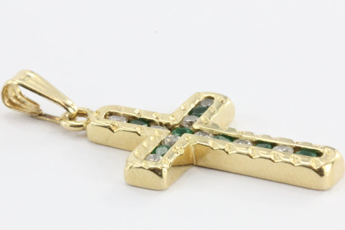Vintage 18K Gold Diamond & Emerald Cross Pendant 1/2 Carat Total Weight - Queen May