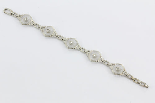 Antique Art Deco Krementz 14K White Gold Camphor & Diamond Bracelet - Queen May