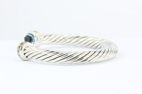 David Yurman Sterling Silver Blue Topaz & Diamond 7mm Cable Cuff Bracelet - Queen May