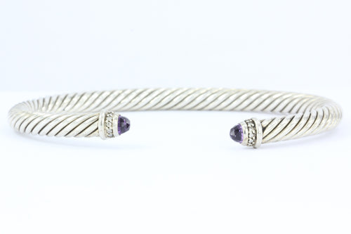 David Yurman Sterling Silver Amethyst & Diamond 5mm Cable Cuff Bracelet - Queen May