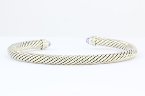 David Yurman Sterling Silver Amethyst & Diamond 5mm Cable Cuff Bracelet - Queen May