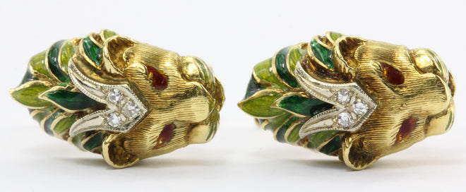 Vintage 18K Gold Enamel & Diamond Lion Head Cufflinks - Queen May