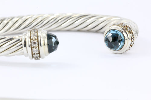 David Yurman Sterling Silver Blue Topaz & Diamond 7mm Cable Cuff Bracelet - Queen May