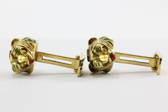 Vintage 18K Gold Enamel & Diamond Lion Head Cufflinks - Queen May