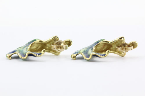 18K Gold  Blue & Green Enamel Figural Mermaid Earrings - Queen May