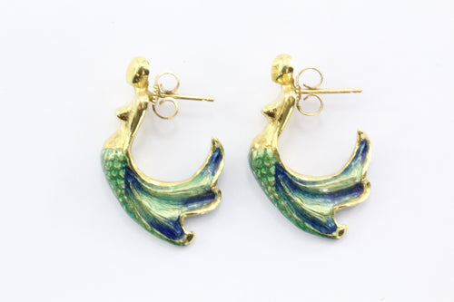18K Gold  Blue & Green Enamel Figural Mermaid Earrings - Queen May