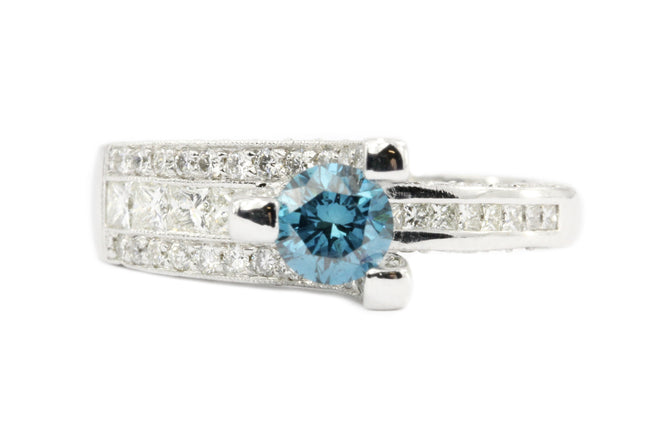 14K White Gold Blue Diamond Solitaire w/ White Diamond Accents Engagement Ring - Queen May