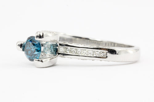 14K White Gold Blue Diamond Solitaire w/ White Diamond Accents Engagement Ring - Queen May