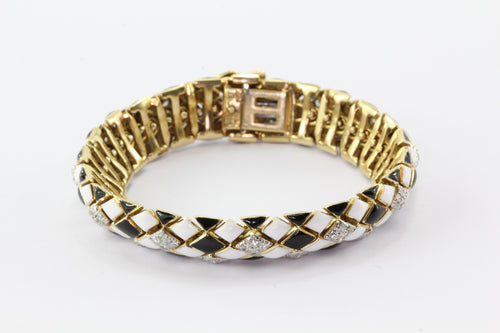 David Webb 18K Gold & Platinum Black & White Enamel & Diamond Flexible Bracelet - Queen May