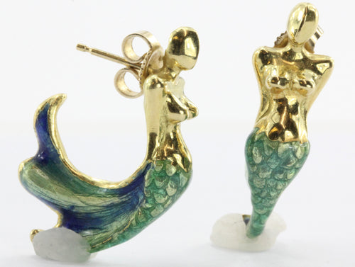 18K Gold  Blue & Green Enamel Figural Mermaid Earrings - Queen May