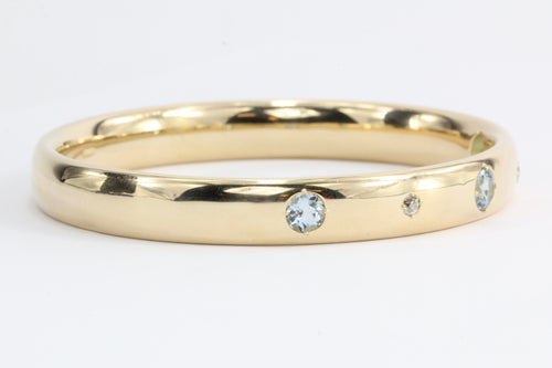 Edwardian 14K Gold Old European Diamond & Aquamarine Bangle Bracelet c.1905 - Queen May